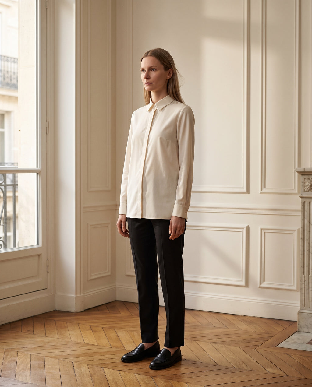 Chemise femme coupe droite, coloris écru, portée dans un intérieur haussmannien parisien