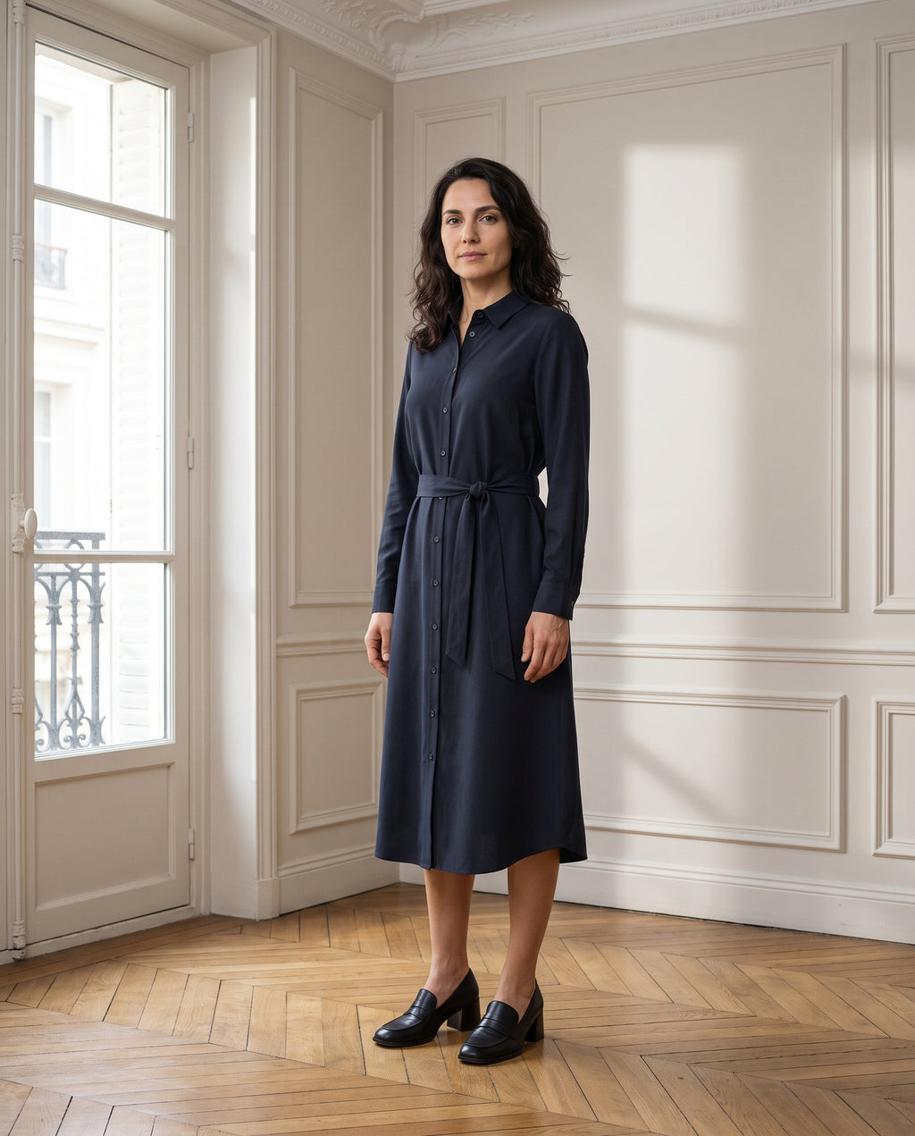 Robe chemise midi, coloris marine, portée dans un intérieur haussmannien parisien