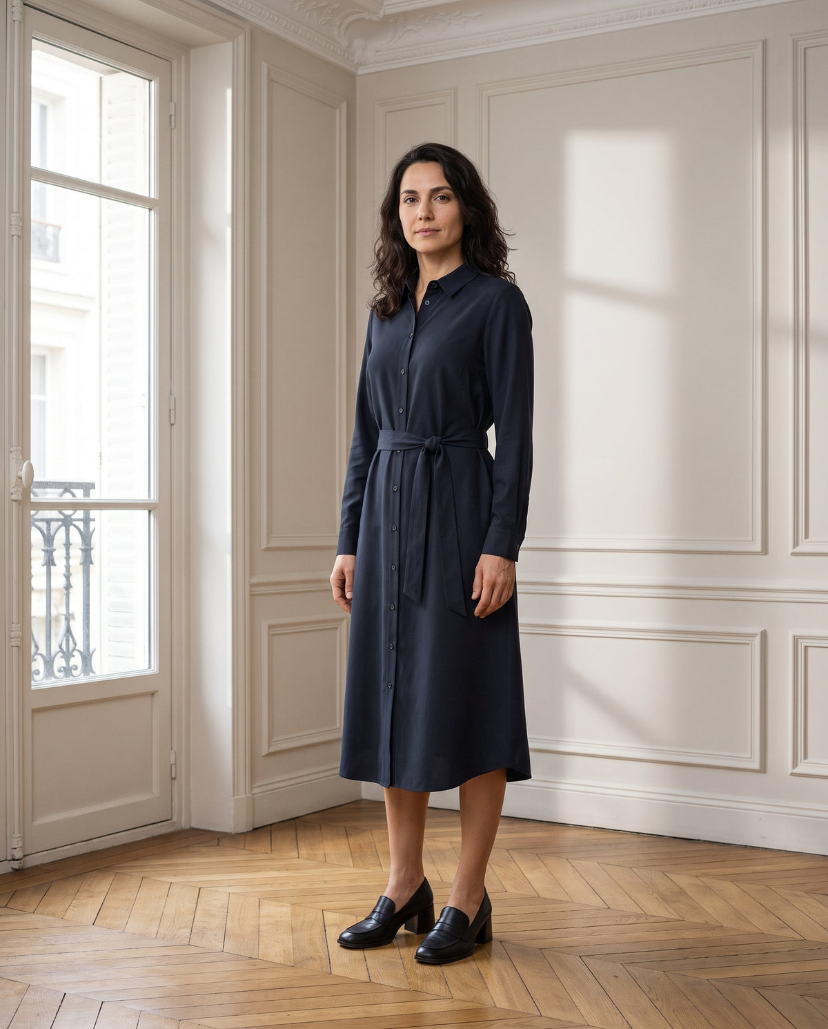 Robe chemise midi, coloris marine, portée dans un intérieur haussmannien parisien