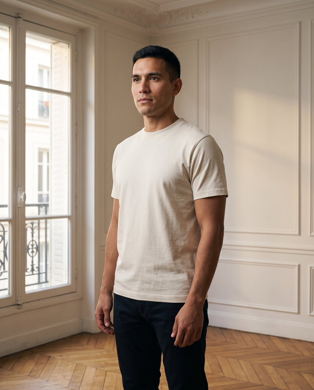 T-shirt col rond homme, coloris écru, porté dans un intérieur haussmannien parisien