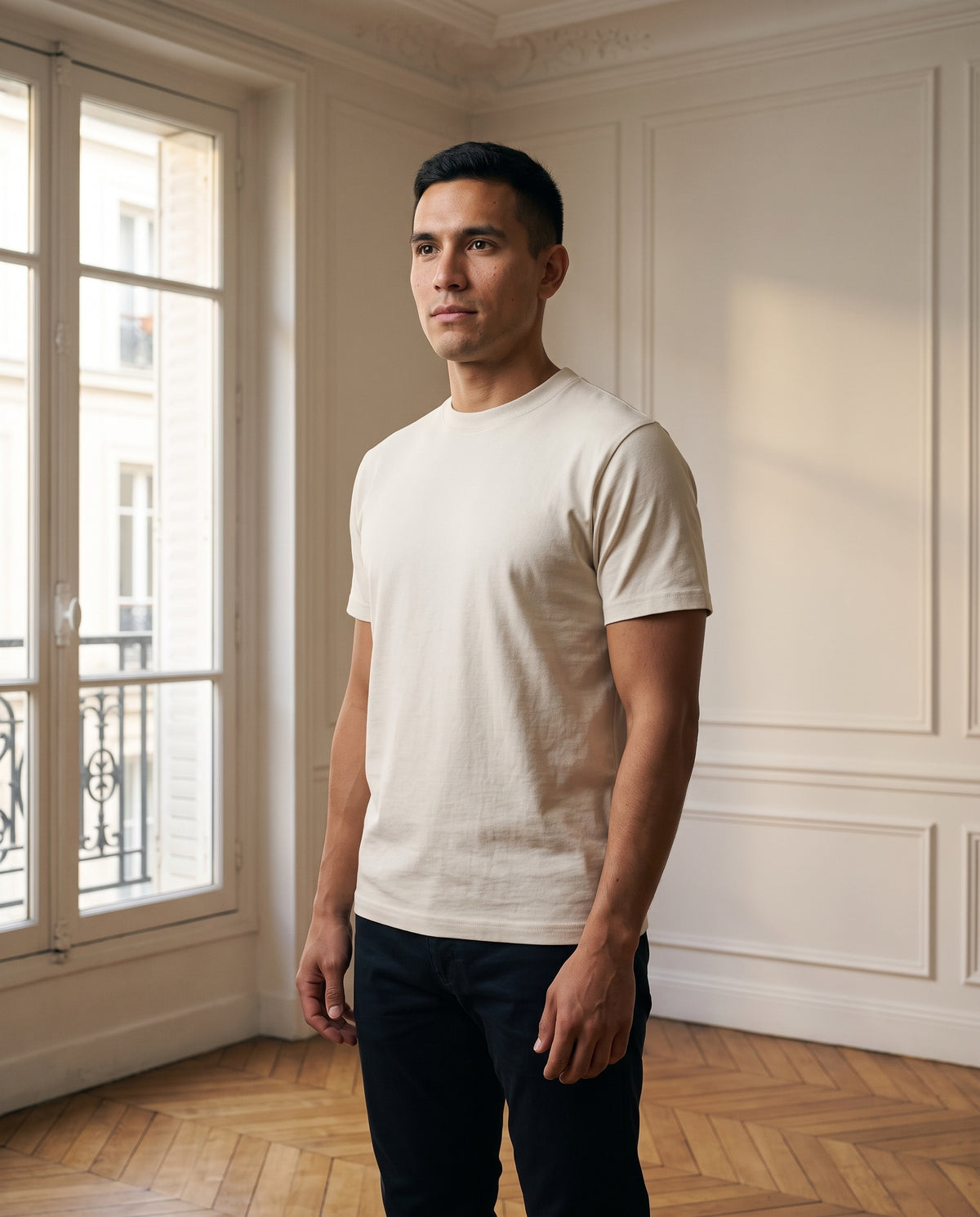 T-shirt col rond homme, coloris écru, porté dans un intérieur haussmannien parisien