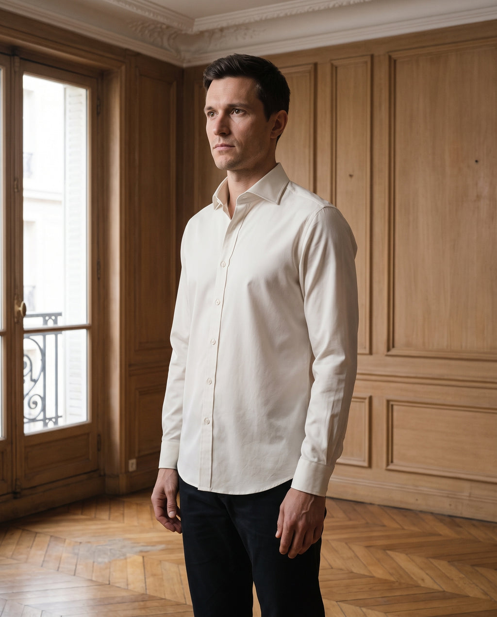 Chemise homme coupe droite, coloris écru, portée dans un intérieur haussmannien parisien