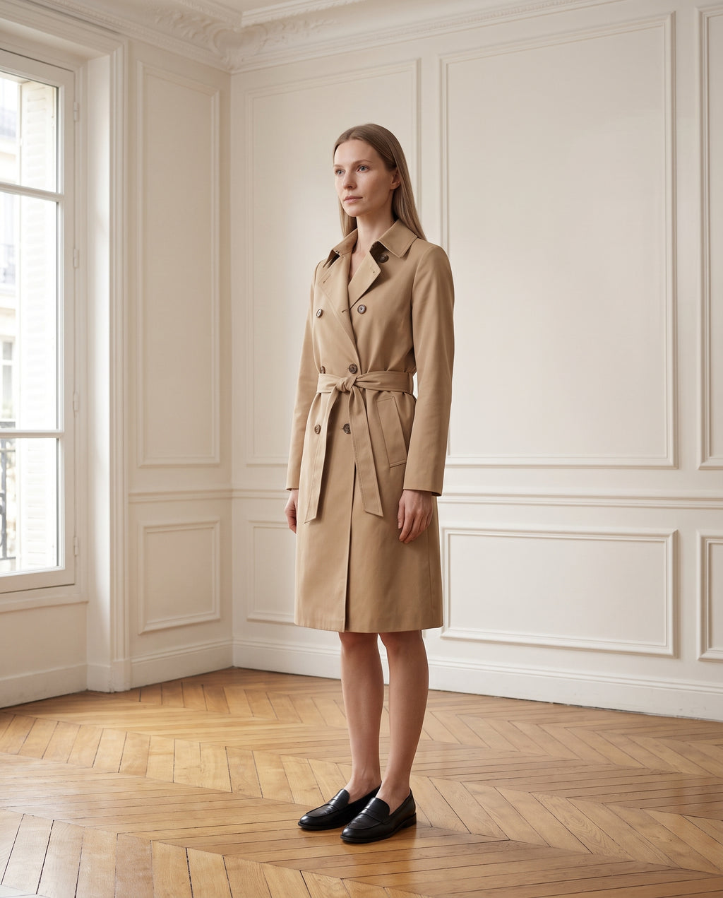 Trench femme mi-long à ceinture, coloris camel, porté dans un intérieur haussmannien parisien