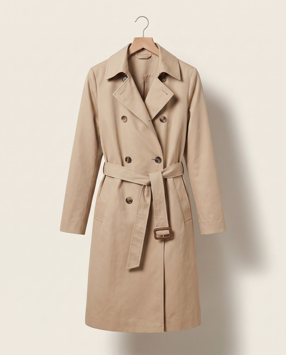 Trench femme mi-long à ceinture, coloris camel, sur cintre
